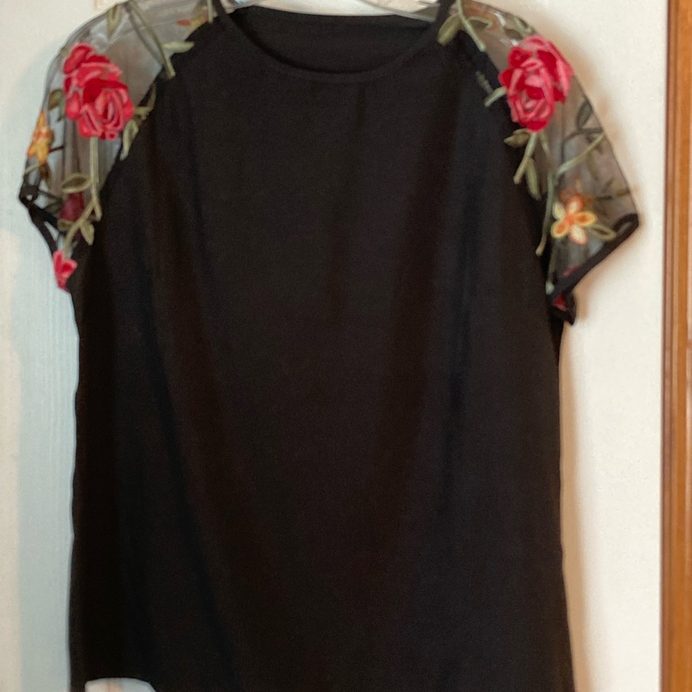 Floral Sheer Sleeve Black Top